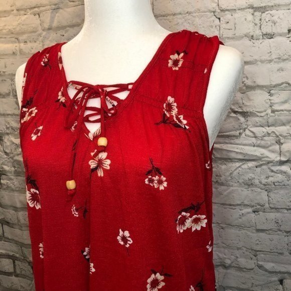 MAURICES Red Floral Lace Up Tank Top Small - Picture 5 of 10